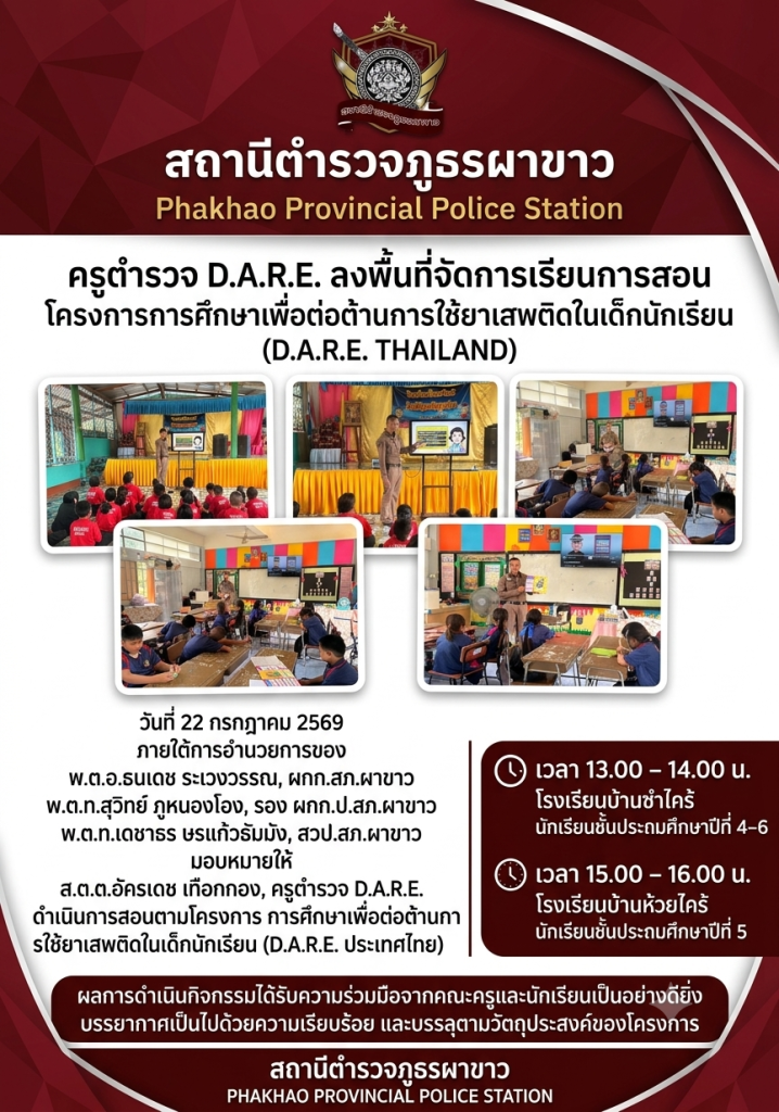 👮‍♂️ ครูตำรวจ D.A.R.E. สภ.ผาขาว เดินหน้าสร้างภูมิคุ้มกันยาเสพติดให้เยาวชน